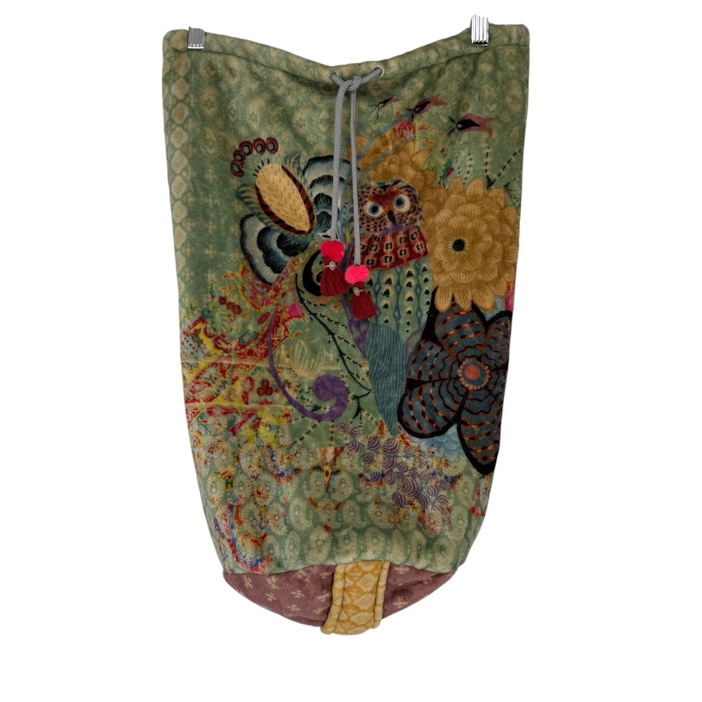 Johnny Was Green Floral Owl Soft Fleece Slouchy Hobo Bag One Shoulder
